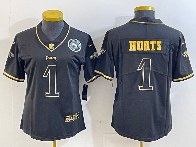 Women Philadelphia Eagles 1 Hurts Black gold 2025 Nike Vapor Limited NFL Jersey style 4